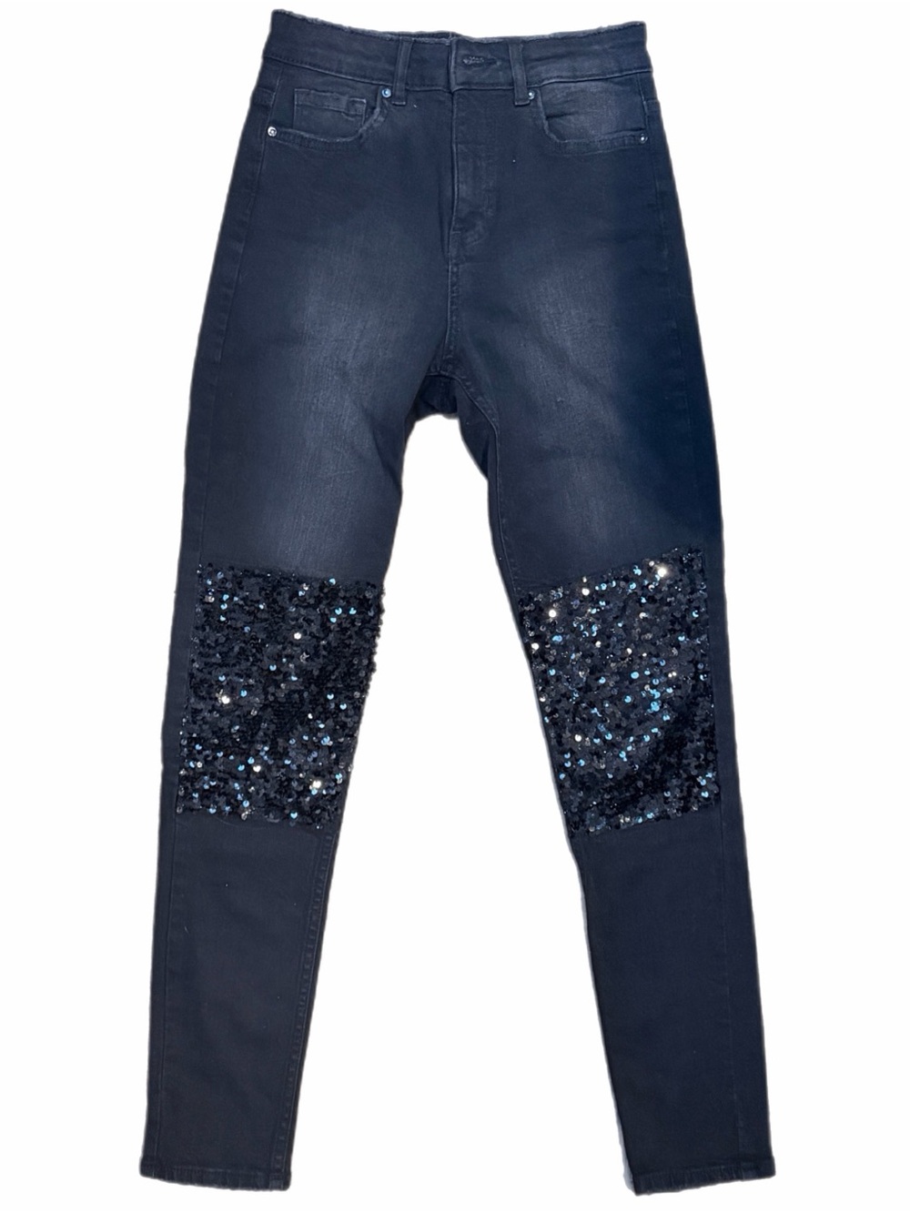 Women's H&M Light Black Sequin Knee Stretch High Waisted Ankle Mom Jeans Size 4
